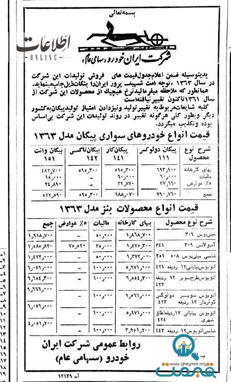 قیمت محصولات ایران خودرو در سال ۱۳۶۳ + عکس و نرخنامه